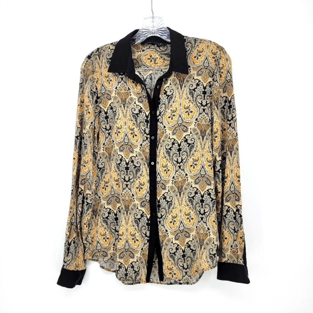 Zara Woman paisley button down blouse long sleeve top large black viscose